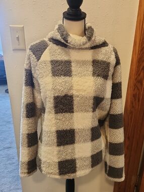 Eddie Bauer Gray & Cream Check Sherpa Cowl Pullover Medium